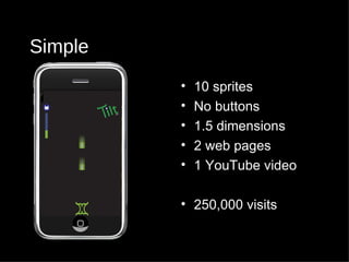 Simple 10 sprites No buttons 1.5 dimensions 2 web pages 1 YouTube video 250,000 visits 