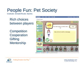 People Fun: Pet Society Gratitude, Schadenfreude, Naches Rich choices between players Competition Cooperation Gifting Mentorship 
