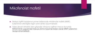 Mikofenolat mofetil
 İlerleyici IgAN hastalarının primer tedavisinde mikofenolat mofetil (MMF)
kullanımının etkinliğine ilişkin sınırlı veriler bulunmaktadır.
 Halen devam etmekte olan çalışmalar olmasına rağmen mevcut durumda
KDIGO klinik uygulamalar kılavuzu birinci basamak tedavi olarak MMF kullanımını
tavsiye etmemektedir.
 