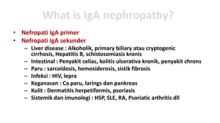 What is IgA nephropathy?
• Nefropati IgA primer
• Nefropati IgA sekunder
   – Liver disease : Alkoholik, primary biliary atau cryptogenic
     cirrhosis, Hepatitis B, schistosomiasis kronis
   – Intestinal : Penyakit celiac, kolitis ulserativa kronik, penyakit chrons
   – Paru : sarcoidosis, hemosiderosis, sistik fibrosis
   – Infeksi : HIV, lepra
   – Keganasan : Ca paru, larings dan pankreas
   – Kulit : Dermatitis herpetiformis, psoriasis
   – Sistemik dan imunologi : HSP, SLE, RA, Psoriatic arthritis dll
 