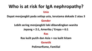 Who is at risk for IgA nephropathy?
                             Usia
Dapat menjangkit pada setiap usia, terutama dekade 2 atau 3
                           Gender
     Lebih sering menjangkiti laki dibandingkan wanita
            Jepang = 2:1, Amerika / Eropa = 6:1
                             Ras
          Ras kulit putih dan Asia > ras kulit hitam
                           Genetik
                    Polimorfisme, Familial
 