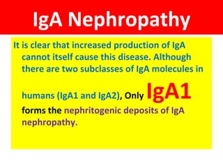IgA Nephropathy
It is clear that increased production of IgA
cannot itself cause this disease. Although
there are two subclasses of IgA molecules in
humans (IgA1 and IgA2), Only IgA1
forms the nephritogenic deposits of IgA
nephropathy.
 