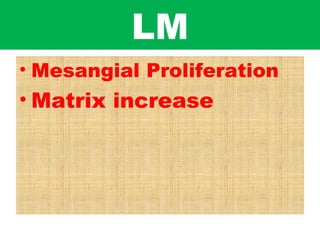 LM
• Mesangial Proliferation
• Matrix increase
 