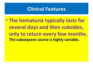 Clinical Features
• The hematuria typically lasts for
several days and then subsides,
only to return every few months.
The subsequent course is highly variable.
 