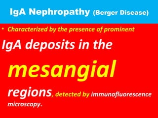 IgA Nephropathy (Berger Disease)
• Characterized by the presence of prominent
IgA deposits in the
mesangial
regions, detected by immunofluorescence
microscopy.
 