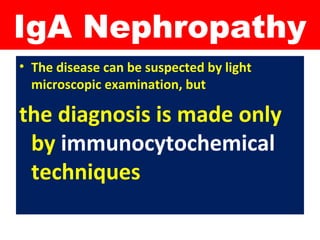 IgA Nephropathy
• The disease can be suspected by light
microscopic examination, but
the diagnosis is made only
by immunocytochemical
techniques
 