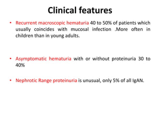 Clinical features
• Recurrent macroscopic hematuria 40 to 50% of patients which
usually coincides with mucosal infection .More often in
children than in young adults.
• Asymptomatic hematuria with or without proteinuria 30 to
40%
• Nephrotic Range proteinuria is unusual, only 5% of all IgAN.
 