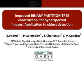 Introduc)on	
  
                                              BPT	
  construc)on	
  
                                              Pruning	
  strategy	
  
                                              Conclusions	
  




                     Improved	
  BINARY	
  PARTITION	
  TREE	
  	
  
                       construc8on	
  	
  for	
  hyperspectral	
  
                   images:	
  Applica8on	
  to	
  object	
  detec8on	
  

                           	
  1,2	
  
                                	
  	
                                  	
  2	
            	
  1	
                    	
  3	
  
            S.Valero	
  	
  	
  	
  	
  ,	
  P.	
  Salembier	
  	
  	
  ,	
  J.	
  Chanussot,	
  	
  C.M.Cuadras	
  
              	
  1	
   GIPSA-­‐Lab,	
  Signal	
  &	
  Image	
  Dept,	
  Grenoble-­‐INP,	
  Grenoble,	
  France	
  
	
  2	
  
            Signal	
  Theory	
  and	
  Comunic.	
  Dept,	
  Technical	
  University	
  of	
  Catalonia,	
  Spain	
  
                                        	
  3	
  
                                                  University	
  of	
  Barcelona,	
  Spain	
  
 