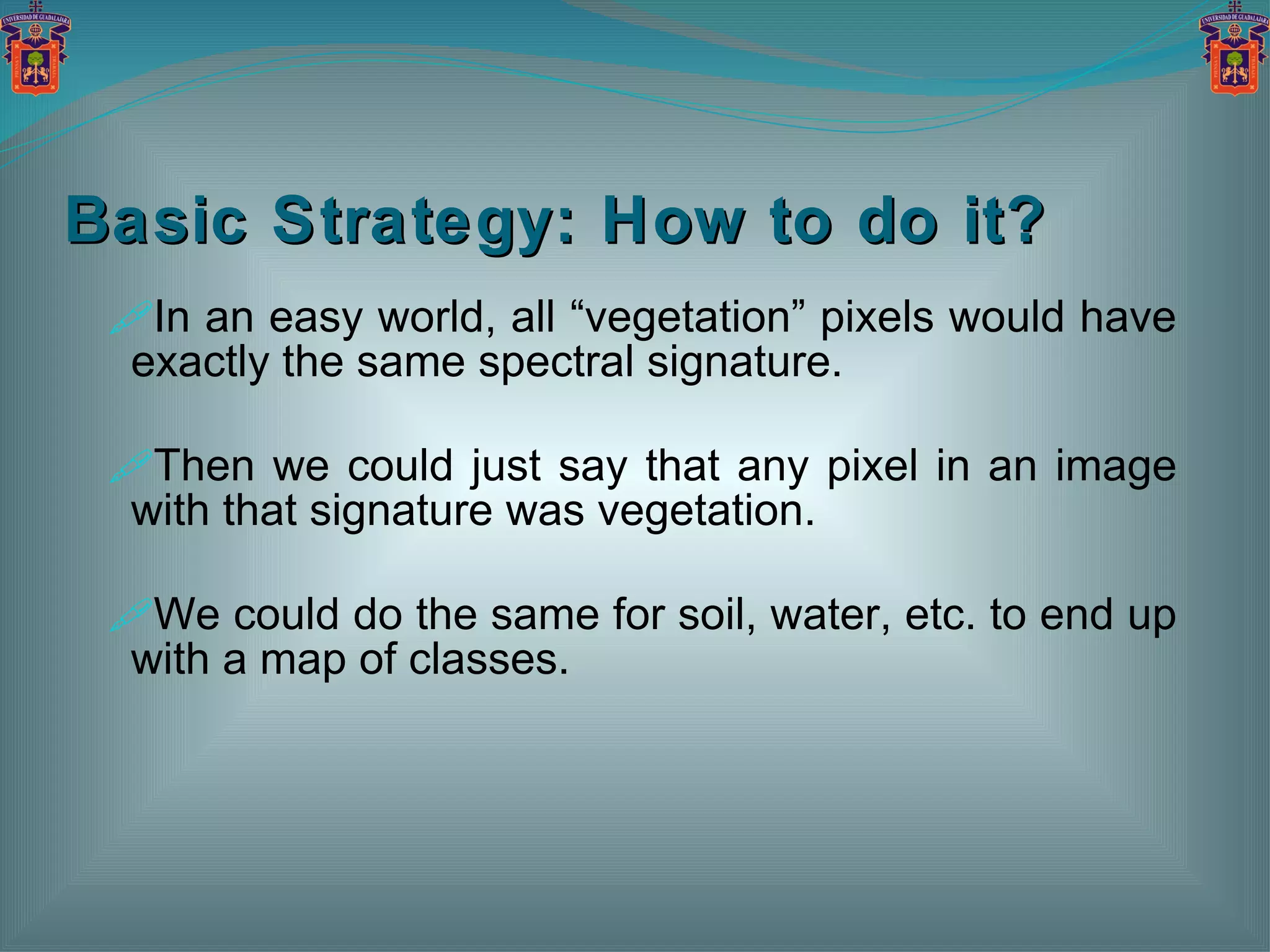 In an easy world, all “vegetation” pixels would have exactly the same spectral signature. Then we could just say that any pixel in an image with that signature was vegetation. We could do the same for soil, water, etc. to end up with a map of classes. Basic Strategy: How to do it?  