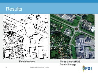 Results




     Final shadows                            Three bands (RGB)
                                              from HS image
13           IGARSS 2011, Vancouver, Canada
 