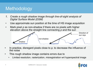 Methodology
1. Create a rough shadow image through line-of-sight analysis of
   Digital Surface Model (DSM)
•       Use approximate sun position at the time of HS image acquisition
•       Mark pixel p as non-shadow if there are no pixels with higher
        elevation above the straight line connecting p and the sun
                                                                            Direction of
                                                                            sun rays

                                          non-shadow
                shadow


•       In practice, disregard pixels close to p, to decrease the influence of
        the noise
•       This rough shadow image contains errors due to
    •     Limited resolution, rasterization, misregistration wrt hyperspectral image


7                         IGARSS 2011, Vancouver, Canada
 
