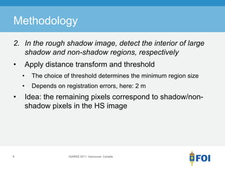 Methodology
2. In the rough shadow image, detect the interior of large
   shadow and non-shadow regions, respectively
•       Apply distance transform and threshold
    •     The choice of threshold determines the minimum region size
    •     Depends on registration errors, here: 2 m
•       Idea: the remaining pixels correspond to shadow/non-
        shadow pixels in the HS image




8                      IGARSS 2011, Vancouver, Canada
 