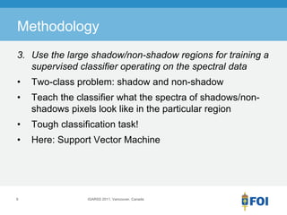 Methodology
3. Use the large shadow/non-shadow regions for training a
   supervised classifier operating on the spectral data
•   Two-class problem: shadow and non-shadow
•   Teach the classifier what the spectra of shadows/non-
    shadows pixels look like in the particular region
•   Tough classification task!
•   Here: Support Vector Machine




9                IGARSS 2011, Vancouver, Canada
 