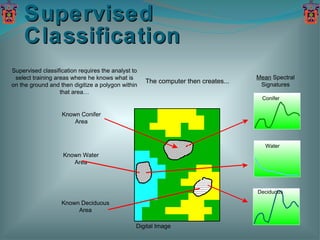 Supervised Classification The computer then creates... Supervised classification requires the analyst to select training areas where he knows what is on the ground and then digitize a polygon within that area… Mean  Spectral Signatures Known Conifer Area Known Water Area Known Deciduous Area Digital Image Conifer Deciduous Water 