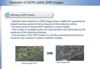 SAR SensorandGeometricCharacteristicEffect of ErrorError SourceSAR sensor - Electronic Time Delay - Slant Range Error - Incidence Angle Estimation - PRF FluctuationEffect of Error - Range Location - Range Scale  - Azimuth ScaleError correction method- Geometric Calibration- Deskew - Ground Projection - Image Rotation - Terrain CorrectionEarth - Azimuth Skew - Range Non-Linearity - Foreshortening, Layover,    ShadowingEarth - Earth Rotation - Side-looking - Target HeightSource of SAR geocoding errors Platform - Image Orientation Error - Squint Angle - Doppler CentroidPlatform - Inclination Angle - Yaw Angel Error - Pitch Angle Error