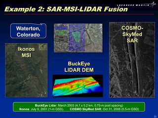 Example 2: SAR-MSI-LIDAR Fusion

   Waterton,                                                        COSMO-
   Colorado                                                         SkyMed
                                                                     SAR
   Ikonos
     MSI
                                 BuckEye
                                LIDAR DEM




               BuckEye Lidar: March 2003 (4.1 x 5.2 km, 0.75-m post spacing)
    Ikonos: July 9, 2001 (1-m GSD).  COSMO SkyMed SAR: Oct 31, 2008 (0.5-m GSD)

                                                                                  22
 