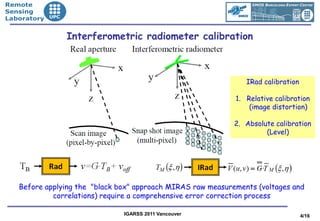 •Remote
•Sensing
•Laboratory


                Interferometric radiometer calibration



                                                                 IRad calibration

                                                              1. Relative calibration
                                                                  (image distortion)

                                                              2. Absolute calibration
                                                                       (Level)




    Before applying the "black box" approach MIRAS raw measurements (voltages and
             correlations) require a comprehensive error correction process

                                IGARSS 2011 Vancouver                               4/16
 