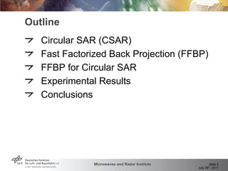 Outline Circular SAR (CSAR) Fast Factorized Back Projection (FFBP) FFBP for Circular SAR Experimental Results Conclusions 