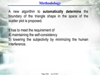 Methodology A new algorithm to  automatically determine  the boundary of the triangle shape in the space of the scatter plot is proposed. It has to meet the requirement of maintaining the self-consistency  lowering the subjectivity by minimizing the human interference. 
