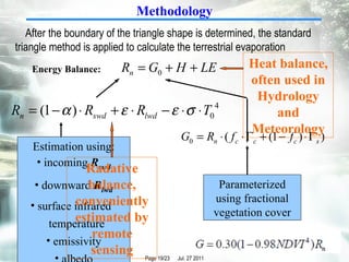 Energy Balance: Parameterized using fractional vegetation cover Estimation using: incoming  R swd downward  R lwd surface infrared  temperature emissivity albedo Heat balance, often used in Hydrology and Meteorology Radative balance, conveniently estimated by remote sensing Methodology After the boundary of the triangle shape is determined, the standard triangle method is applied to calculate the terrestrial evaporation 