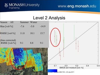 Level 2 Analysis Season All Summer Winter Bias [vol-%] -7.6 -5.0 -14.9 RMSE [vol-%] 11.8 10.1 15.7 (bias corrected)  RMSE [vol-%] 9.1 8.8 9.1 