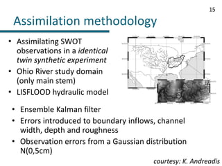 Assimilation methodology15Assimilating SWOT observations in a identical twin synthetic experimentOhio River study domain (only main stem)LISFLOOD hydraulic modelEnsemble Kalman filterErrors introduced to boundary inflows, channel width, depth and roughnessObservation errors from a Gaussian distribution N(0,5cm)courtesy: K. Andreadis
