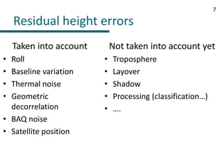 Residual height errors7Taken into accountRollBaseline variationThermal noiseGeometric decorrelationBAQ noiseSatellite positionNot taken into account yetTroposphereLayoverShadowProcessing (classification…)….