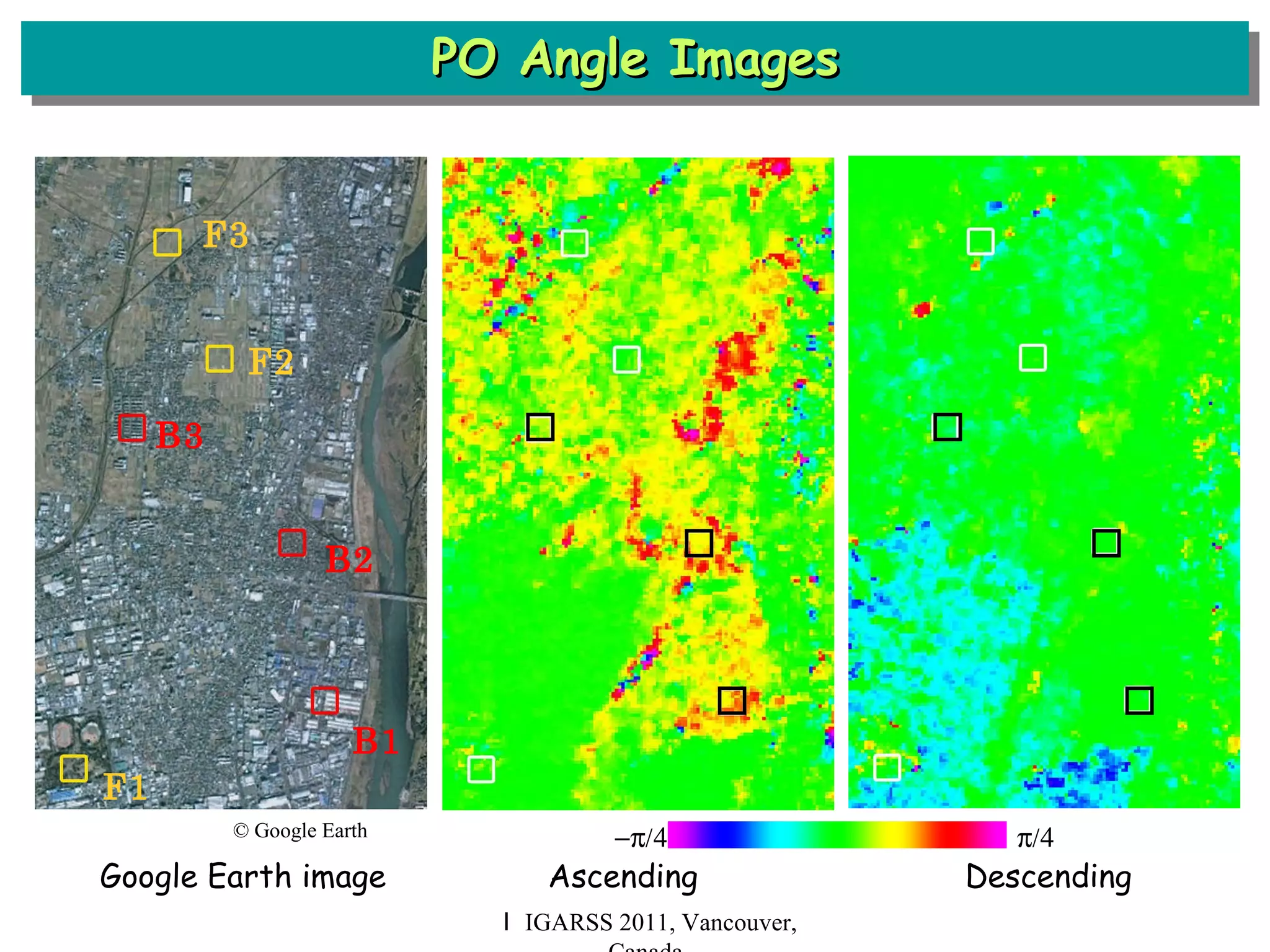 PO Angle Images Ｉ IGARSS 2011, Vancouver, Canada  Google Earth image  Ascending  Descending © Google Earth B3 F3 B2 B1 F2 F1 