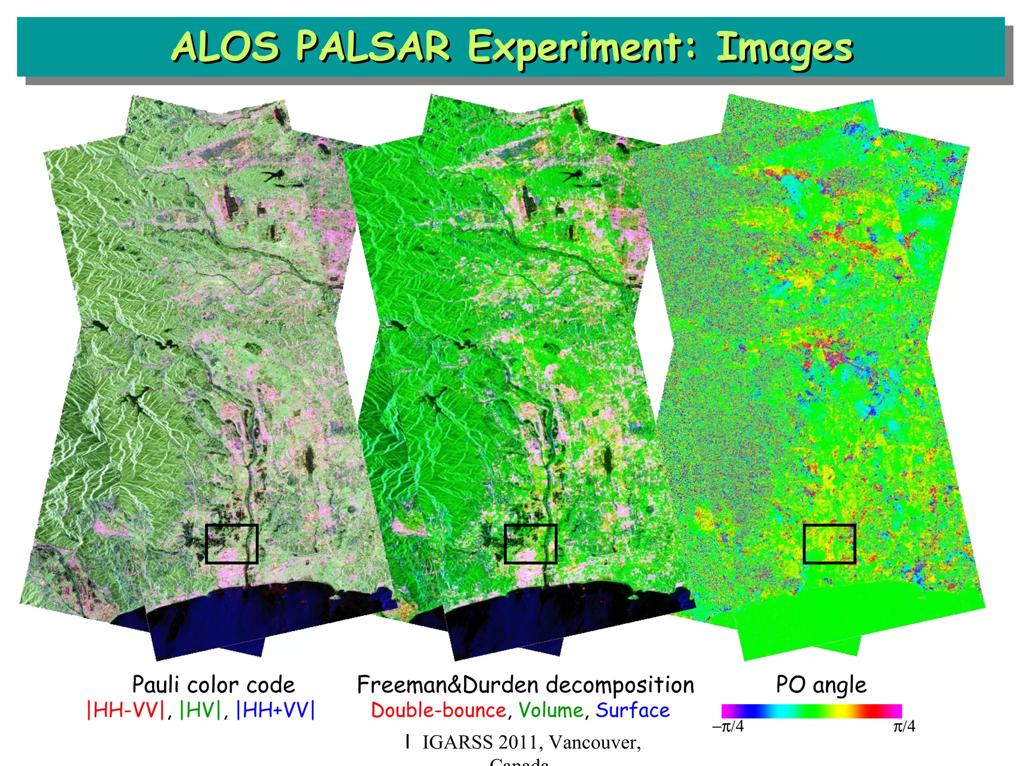 ALOS PALSAR Experiment: Images Ｉ IGARSS 2011, Vancouver, Canada Pauli color code  Freeman&Durden decomposition  PO angle |HH-VV| ,  |HV| ,  |HH+VV|   Double-bounce ,  Volume ,  Surface  