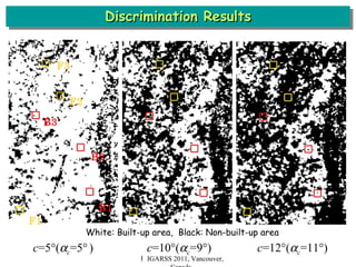 Discrimination Results Ｉ IGARSS 2011, Vancouver, Canada c =5  (  c =5    )   c =10  (  c =9  )   c =12  (  c =11  ) White: Built-up area,  Black: Non-built-up area B3 F3 B2 B1 F2 F1 