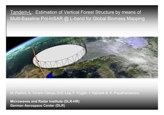 Tandem-L: Estimation of Vertical Forest Structure by means of
Multi-Baseline Pol-InSAR @ L-band for Global Biomass Mapping




M. Padrini, A. Torano Caioya, S-K. Lee, F. Kugler, I. Hajnsek & K. Papathanassiou

Microwaves and Radar Institute (DLR-HR)
German Aerospace Center (DLR) Microwaves and Radar Institute   / Pol - InSAR Research Group
 