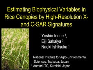 1  National Institute for Agro-Environmental  Sciences, Tsukuba, Japan 2  Aomori-ITC, Kuroishi, Japan Estimating Biophysical Variables in Rice Canopies by High-Resolution X- and C-SAR Signatures Yoshio Inoue  1 ,  Eiji Sakaiya  2 ,  Naoki Ishitsuka  1  