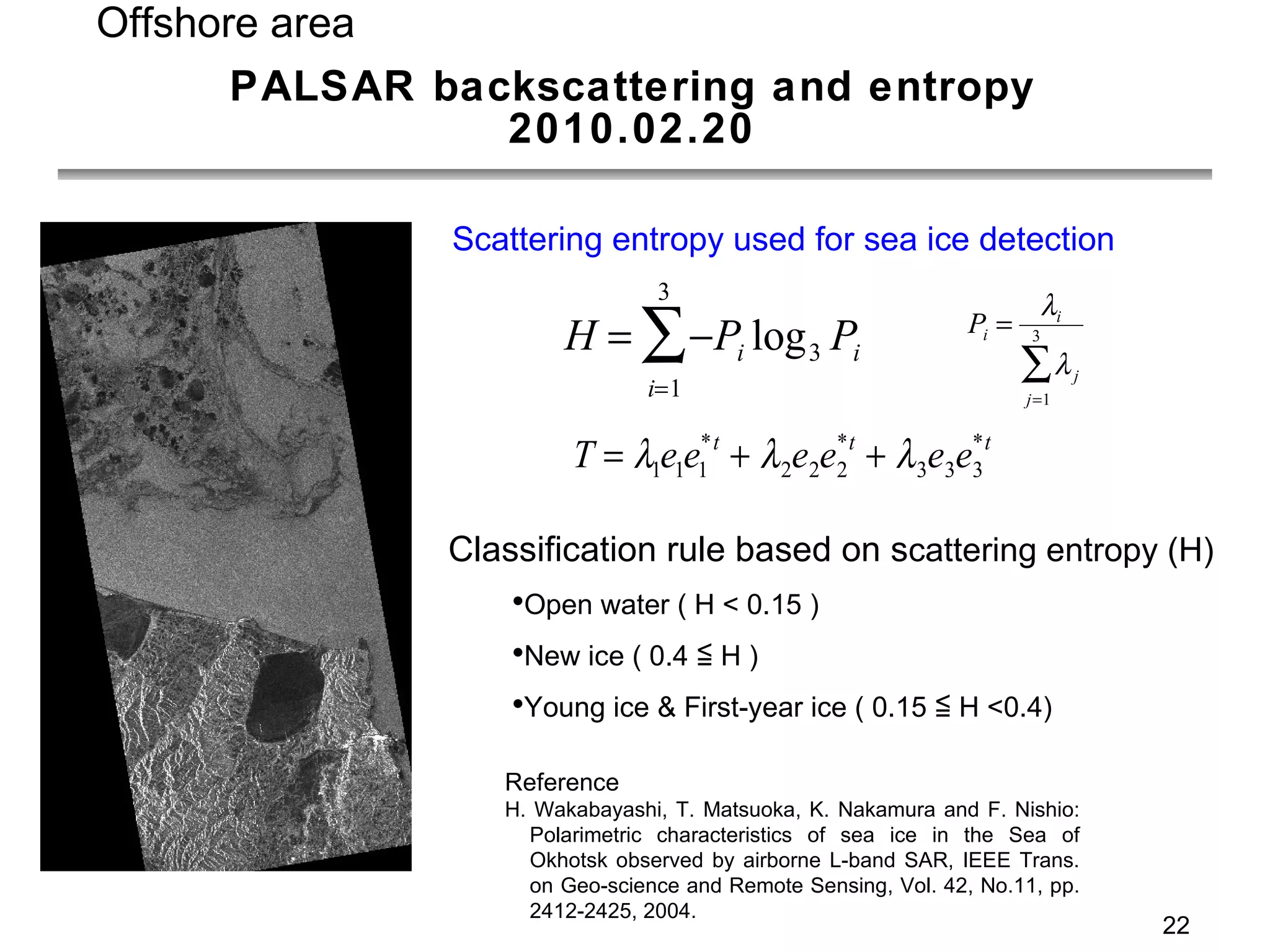 PALSAR backscattering and entropy 2010.02.20 Classification rule based on s cattering entropy (H) Open water ( H < 0.15 ) New ice ( 0.4 ≦ H ) Young ice & First-year ice ( 0.15 ≦ H <0.4) Reference H. Wakabayashi, T. Matsuoka, K. Nakamura and F. Nishio: Polarimetric characteristics of sea ice in the Sea of Okhotsk observed by airborne L-band SAR, IEEE Trans. on Geo-science and Remote Sensing, Vol. 42, No.11, pp. 2412-2425, 2004. Offshore area Scattering entropy used for sea ice detection  