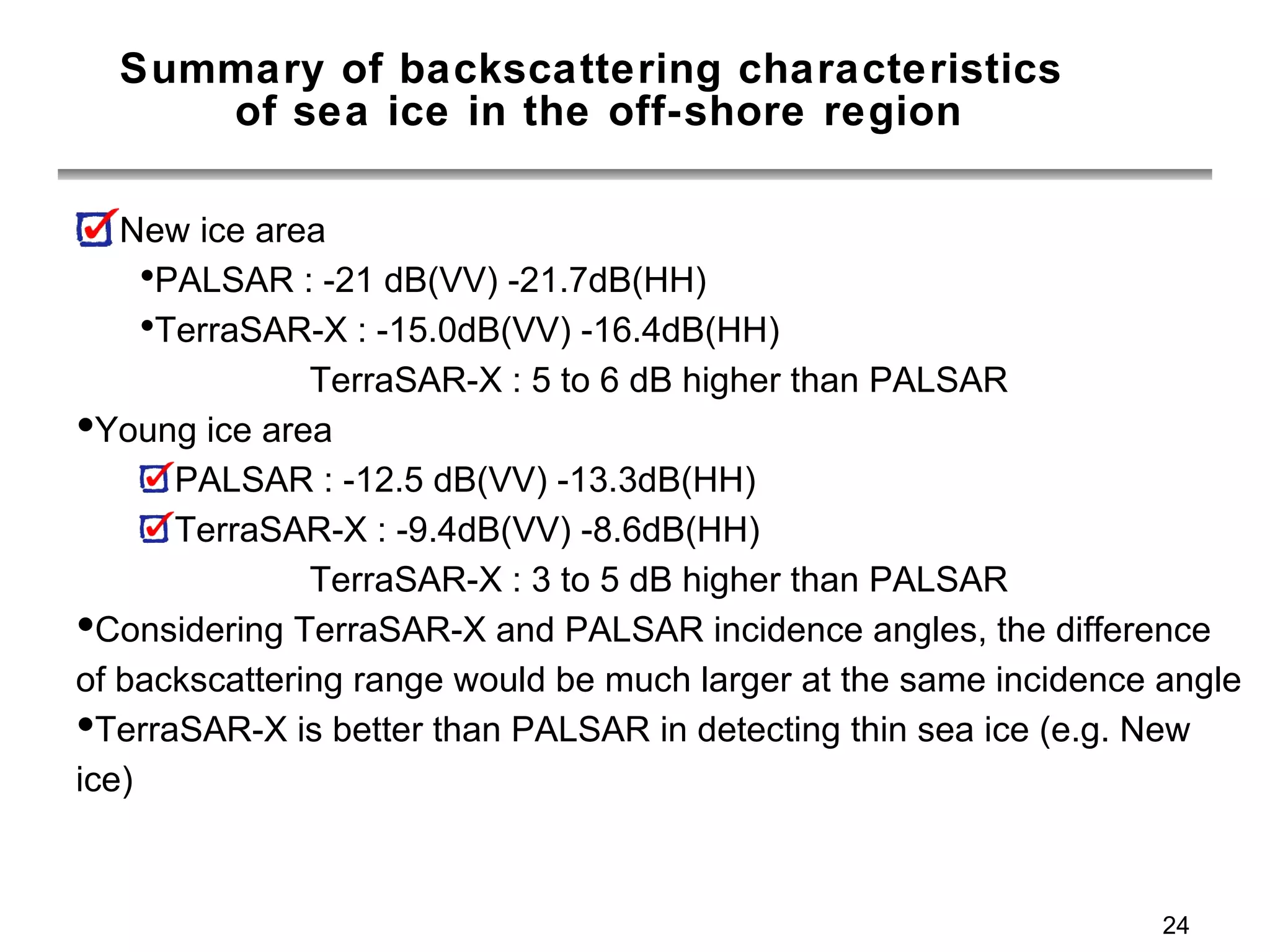 Summary of backscattering characteristics  of sea ice in the off-shore region New ice area PALSAR : -21 dB(VV) -21.7dB(HH) TerraSAR-X : -15.0dB(VV) -16.4dB(HH)  TerraSAR-X : 5 to 6 dB higher than PALSAR Young ice area PALSAR : -12.5 dB(VV) -13.3dB(HH) TerraSAR-X : -9.4dB(VV) -8.6dB(HH)  TerraSAR-X : 3 to 5 dB higher than PALSAR Considering TerraSAR-X and PALSAR incidence angles, the difference of backscattering range would be much larger at the same incidence angle  TerraSAR-X is better than PALSAR in detecting thin sea ice (e.g. New ice) 