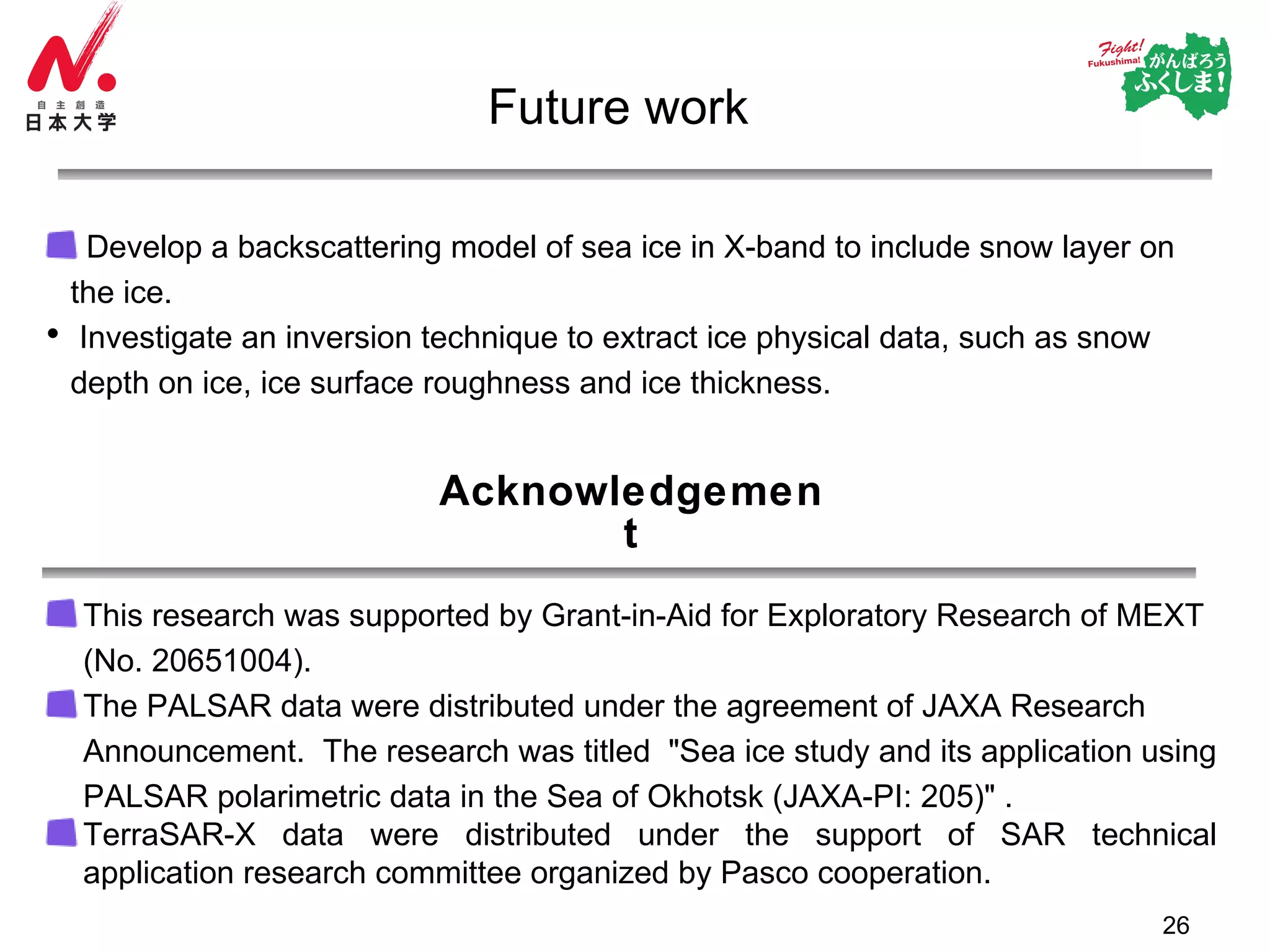 Acknowledgement This research was supported by Grant-in-Aid for Exploratory Research of MEXT (No. 20651004). The PALSAR data were distributed under the agreement of JAXA Research Announcement.  The research was titled  "Sea ice study and its application using PALSAR polarimetric data in the Sea of Okhotsk (JAXA-PI: 205)" . TerraSAR-X data were distributed under the support of SAR technical application research committee organized by Pasco cooperation. Future work Develop a backscattering model of sea ice in X-band to include snow layer on the ice. Investigate an inversion technique to extract ice physical data, such as snow depth on ice, ice surface roughness and ice thickness. 