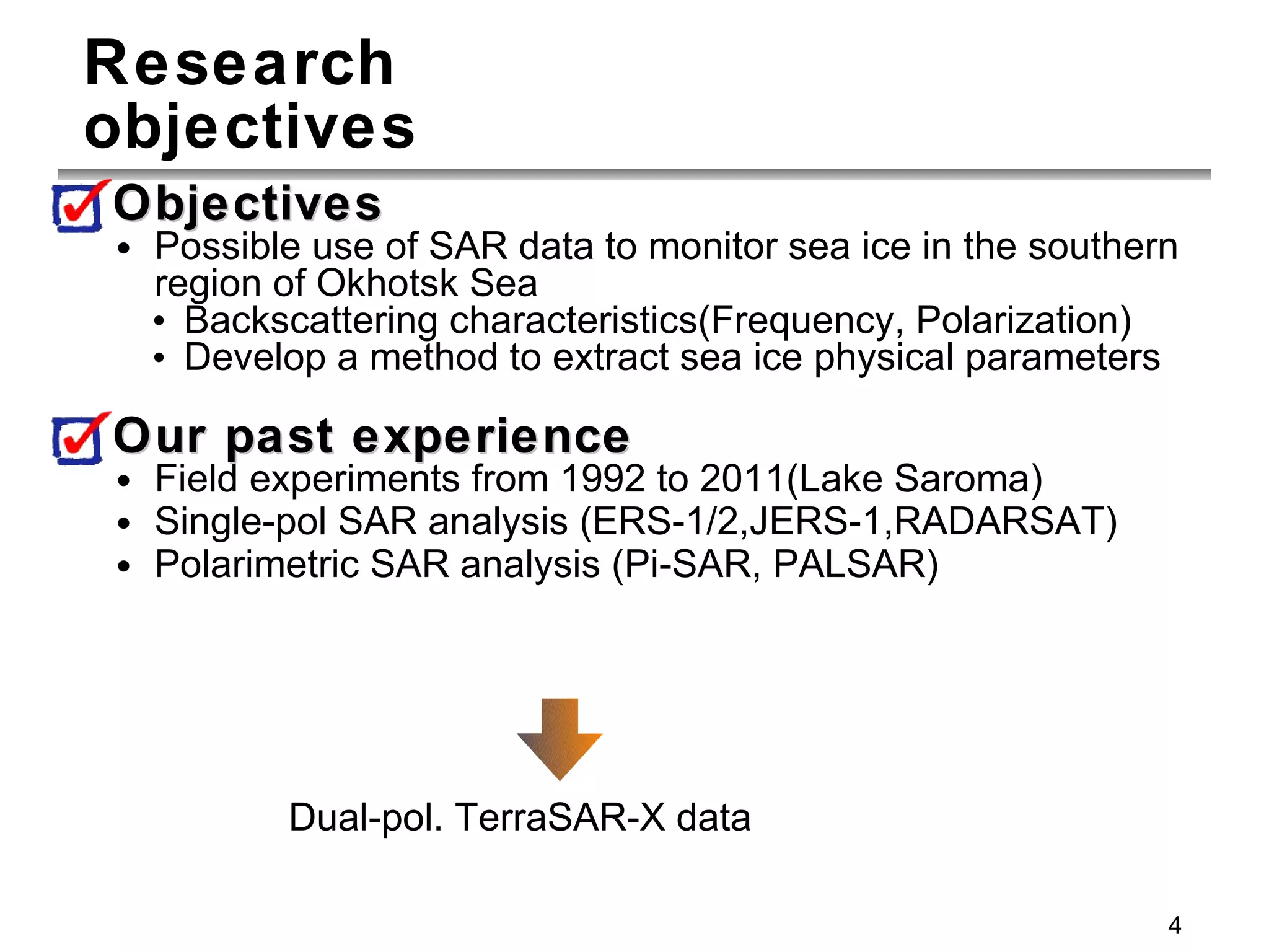 Research objectives Objectives Possible use of SAR data to monitor sea ice in the southern region of Okhotsk Sea Backscattering characteristics(Frequency, Polarization) Develop a method to extract sea ice physical parameters Our past experience Field experiments from 1992 to 2011(Lake Saroma) Single-pol SAR analysis (ERS-1/2,JERS-1,RADARSAT) Polarimetric SAR analysis (Pi-SAR, PALSAR) Dual-pol. TerraSAR-X data 