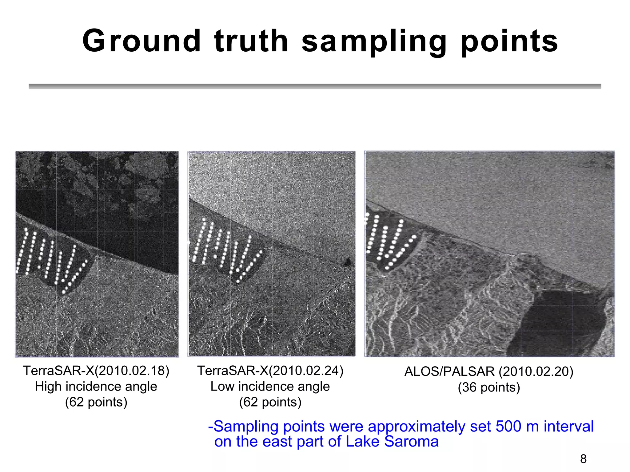 Ground truth sampling points TerraSAR-X(2010.02.18) High incidence angle (62 points) TerraSAR-X(2010.02.24) Low incidence angle (62 points) ALOS/PALSAR (2010.02.20) (36 points) -Sampling points were approximately set 500 m interval on the east part of Lake Saroma 