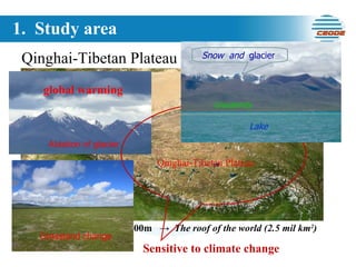 1.  Study area Average elevation :  4500m   ->  The roof of the world (2.5 mil km 2 )  Qinghai-Tibetan Plateau Qinghai-Tibetan Plateau global warming Ablation of glacier Grassland change  Sensitive to climate change Lake Grasslands Snow  and  glacier   