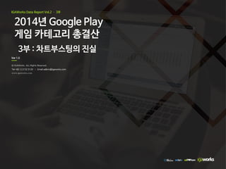 © IGAWorks. ALL Rights Reserved.
Tel +82-2 2132 5120 | Email adbrix@igaworks.com
www.igaworks.com
Ver 1.0
IGAWorks Data Report Vol.2 – 3부
2014년 Google Play
게임 카테고리 총결산
3부 : 차트부스팅의 진실
 