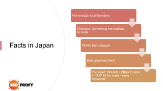 Facts in Japan
Not enough local domains
Outreach, something not realistic
to scale
PBN’s like outreach
Everyone has them
Y...