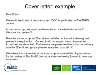 Dear Editor
We would like to submit our manuscript “XXX” for publication in The EMBO
Journal.
In the manuscript, we report on the functional characterization of the X.
We show that protein X…
Recently, a manuscript by ZZ et al was published in Journal Y showing that
protein X is required for... Our results do not support these observations.
In contrast, we show that…Furthermore, we present evidence that the antibody
used by ZZ et al. recognizes proteins in addition to protein X.
We believe that the content of our manuscript is novel will be of great interest
for the readers of The EMBO Journal, and we are looking forward to hear your
comments.
Cover letter: example
 