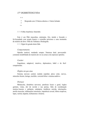 15° OGBBETEOGUNDA
* *
* Responde com 15 búzios abertos e 1 búzio fechado
*
* *
// // // Folha ritualística: beterraba
Este é um Õdú masculino, entretante, frio, úmido e fecundo e
foi fecundado com acaçás branco e vermelho próximos a uma montanha
de minério de ferro. Filho de Tehitana e Houlogodo.
// // / /Ogún foi gerado deste Odú.
Comportamento
Opinião instável, mudando sempre. Natureza dual, provocando
constante instabilidade de maneira de ver as coisas e de expressar opiniões.
Caráter
Engenhoso, adaptável, intuitivo, diplomático, hábil e de fácil
compreensão.
Órgãos em que atua
Sistema nervoso central, medula espinhal, plexo solar, nervos,
músculos faciais, laringe, encéfalo, vesícula biliar e sistema auditivo.
Doenças
Melancolia, distúrbios nervosos, paralisias locais e geral, órgãos
genitais, vistas, dor de ouvido e nas pernas, falta de coordenação
motora, loucura e epilepsia, catalepsia, tendência suicida, alucinações,
atrofia muscular, inflamações intestinais, impotência sexual, febres eruptivas,
lepra, varíola, hepatite, lesbianismo e histeria.
 