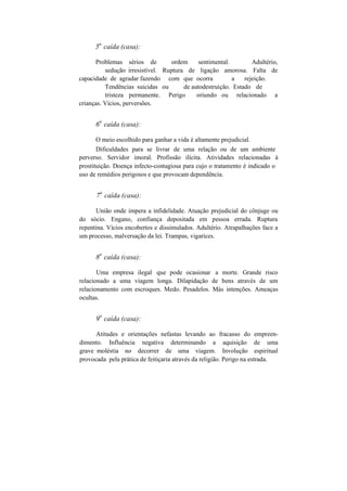 5
a
caída (casa):
Problemas sérios de ordem sentimental. Adultério,
sedução irresistível. Ruptura de ligação amorosa. Falta de
capacidade de agradar fazendo com que ocorra a rejeição.
Tendências suicidas ou de autodestruição. Estado de
tristeza permanente. Perigo oriundo ou relacionado a
crianças. Vícios, perversões.
6
a
caída (casa):
O meio escolhido para ganhar a vida é altamente prejudicial.
Dificuldades para se livrar de uma relação ou de um ambiente
perverso. Servidor imoral. Profissão ilícita. Atividades relacionadas à
prostituição. Doença infecto-contagiosa para cujo o tratamento é indicado o
uso de remédios perigosos e que provocam dependência.
7
a
caída (casa):
União onde impera a infidelidade. Atuação prejudicial do cônjuge ou
do sócio. Engano, confiança depositada em pessoa errada. Ruptura
repentina. Vícios encobertos e dissimulados. Adultério. Atrapalhações face a
um processo, malversação da lei. Trampas, vigarices.
8
a
caída (casa):
Uma empresa ilegal que pode ocasionar a morte. Grande risco
relacionado a uma viagem longa. Dilapidação de bens através de um
relacionamento com escroques. Medo. Pesadelos. Más intenções. Ameaças
ocultas.
9
a
caída (casa):
Atitudes e orientações nefastas levando ao fracasso do empreen-
dimento. Influência negativa determinando a aquisição de uma
grave moléstia no decorrer de uma viagem. Involução espiritual
provocada pela prática de feitiçaria através da religião. Perigo na estrada.
 