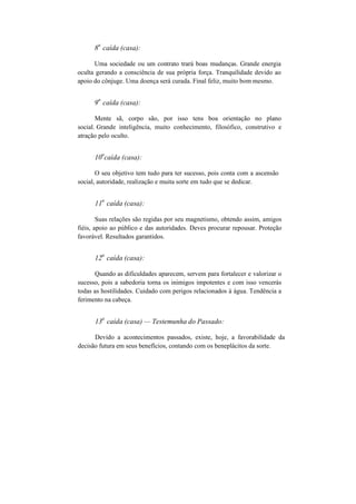 8
a
caída (casa):
Uma sociedade ou um contrato trará boas mudanças. Grande energia
oculta gerando a consciência de sua própria força. Tranquilidade devido ao
apoio do cônjuge. Uma doença será curada. Final feliz, muito bom mesmo.
9
a
caída (casa):
Mente sã, corpo são, por isso tens boa orientação no plano
social. Grande inteligência, muito conhecimento, filosófico, construtivo e
atração pelo oculto.
10
a
caída (casa):
O seu objetivo tem tudo para ter sucesso, pois conta com a ascensão
social, autoridade, realização e muita sorte em tudo que se dedicar.
11
a
caída (casa):
Suas relações são regidas por seu magnetismo, obtendo assim, amigos
fiéis, apoio ao público e das autoridades. Deves procurar repousar. Proteção
favorável. Resultados garantidos.
12
a
caída (casa):
Quando as dificuldades aparecem, servem para fortalecer e valorizar o
sucesso, pois a sabedoria torna os inimigos impotentes e com isso vencerás
todas as hostilidades. Cuidado com perigos relacionados à água. Tendência a
ferimento na cabeça.
13
a
caída (casa) — Testemunha do Passado:
Devido a acontecimentos passados, existe, hoje, a favorabilidade da
decisão futura em seus benefícios, contando com os beneplácitos da sorte.
 