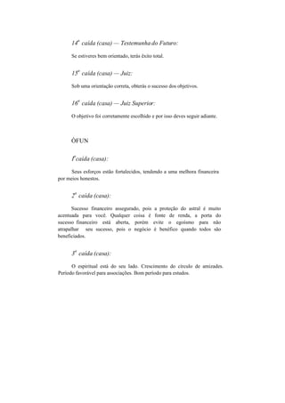 14
a
caída (casa) — Testemunha do Futuro:
Se estiveres bem orientado, terás êxito total.
15
a
caída (casa) — Juiz:
Sob uma orientação correta, obterás o sucesso dos objetivos.
16
a
caída (casa) — Juiz Superior:
O objetivo foi corretamente escolhido e por isso deves seguir adiante.
ÒFUN
I
a
caída (casa):
Seus esforços estão fortalecidos, tendendo a uma melhora financeira
por meios honestos.
2
a
caída (casa):
Sucesso financeiro assegurado, pois a proteção do astral é muito
acentuada para você. Qualquer coisa é fonte de renda, a porta do
sucesso financeiro está aberta, porém evite o egoísmo para não
atrapalhar seu sucesso, pois o negócio é benéfico quando todos são
beneficiados.
3
a
caída (casa):
O espiritual está do seu lado. Crescimento do círculo de amizades.
Período favorável para associações. Bom período para estudos.
 