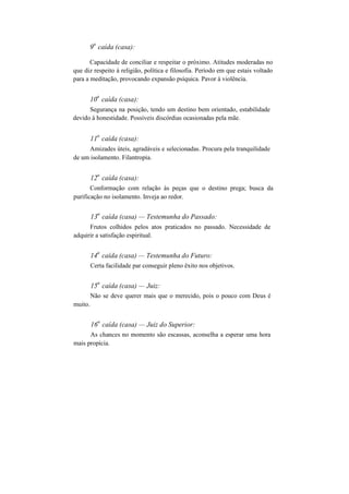 9
a
caída (casa):
Capacidade de conciliar e respeitar o próximo. Atitudes moderadas no
que diz respeito à religião, política e filosofia. Período em que estais voltado
para a meditação, provocando expansão psíquica. Pavor à violência.
10
a
caída (casa):
Segurança na posição, tendo um destino bem orientado, estabilidade
devido à honestidade. Possíveis discórdias ocasionadas pela mãe.
11
a
caída (casa):
Amizades úteis, agradáveis e selecionadas. Procura pela tranquilidade
de um isolamento. Filantropia.
12
a
caída (casa):
Conformação com relação às peças que o destino prega; busca da
purificação no isolamento. Inveja ao redor.
13
a
caída (casa) — Testemunha do Passado:
Frutos colhidos pelos atos praticados no passado. Necessidade de
adquirir a satisfação espiritual.
14
a
caída (casa) — Testemunha do Futuro:
Certa facilidade par conseguir pleno êxito nos objetivos.
muito.
15
a
caída (casa) — Juiz:
Não se deve querer mais que o merecido, pois o pouco com Deus é
16
a
caída (casa) — Juiz do Superior:
As chances no momento são escassas, aconselha a esperar uma hora
mais propícia.
 