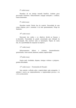 8
a
caída (casa):
Desenlace de um inimigo trazendo benefício. Acidente grave
provocando ferimentos. Relacionamento conjugal ameaçado e violência.
Gastos demasiados.
9
a
caída (casa):
Desordem mental. Paixão fora de controle. Necessidade de uma
crença religiosa, pois o momento é de total questionamento. Perigo de
fanatismo.
10
a
caída (casa):
Renovação dos sonhos e os objetivos devido ao fracasso e
ao descrédito. Necessidade de grande concentração para obtenção da
meta desejada. Não resolvem nada as lamentações. Depois de muita
luta, há a possibilidade de conquistar seu objetivo.
11" caída (casa):
Relacionamentos difíceis e violentos, desentendimentos
generalizados. Amor sensual, fanatismo, audácia, impulsividade.
12
a
caída (casa):
Guerra total; rivalidades, disputas, inimigos violentos e perigosos,
grandes dificuldades.
13
a
caída (casa) — Testemunha do Passado:
Sem controle e reflexão sobre a impulsividade, nada conseguirás. A
ambição é nociva aos empreendimentos, a impetuosidade provoca a ira
e leva ao descontrole.
 