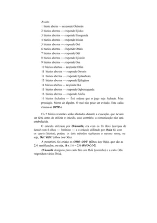 Assim:
1 búzio aberto — responde Okònràn
2 búzios abertos — responde Ejioko
3 búzios abertos — responde Etaogunda
4 búzios abertos — responde Iròsún
5 búzios abertos — responde Osé
6 búzios abertos — responde Obàrà
7 búzios abertos — responde Odi
8 búzios abertos — responde Ejionile
9 búzios abertos — responde Osa
10 búzios abertos — responde Ofún
11 búzios abertos — responde Oworin
12 búzios abertos — responde Ejilasebora
13 búzios abertos — responde Èjilogbon
14 búzios abertos — responde Iká
15 búzios abertos — responde Ogbeteogunda
16 búzios abertos — responde Alafia
16 búzios fechados — Êsú ordena que o jogo seja fechado. Mau
presságio. Morte de alguém. O mal não pode ser evitado. Esta caída
chama-se OPIRA.
Os 5 búzios restantes serão afastados durante a evocação, que deverá
ser feita antes de utilizar o oráculo, caso contrário, a comunicação não será
estabelecida.
O oráculo utilizado por Orúnmilà, era com os 16 Ikins (caroços de
dendê com 4 olhos — feminino — e o oráculo utilizado por Osún foi com
os cauris (búzios), porém, os dois métodos receberam o mesmo nome, ou
seja, OJU ODU (olhos dos Odú).
A posteriori, foi criado os OMO ODU (filhos dos Odú), que são as
256 ramificações, ou seja, 16 x 1 6 = 256 OMO ÒDU.
Orúnmilà designou para cada Ikin um Odú (caminho) e a cada Odú
respondem vários Òrisà.
 