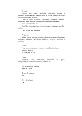 Doenças
Doenças dos ossos, nevralgias, obstruções uretrais e
intestinais, degeneração dos tecidos, dores de cabeça, impotência sexual,
nervosismo e doenças venéreas.
Câncer e cáries localizados. Hipocondria, melancolia, paralisia,
reumatismo, artrite, males do estômago, fraturas e suas complicações.
Dores nas costas e nos rins.
Seus filhos estão sujeitos a sofrerem cirurgia no ventre ou no aparelho
urinário.
Corre risco de ficar impotente.
Profissões
Sábios, padres, teólogos, inventores, filósofos, eremitas, alquimistas,
astrólogos, arquitetos, agricultores, pedreiros, coveiros, feiticeiros e
mendigos.
Cores
Negro, marron, azul escuro (sempre as cores frias e sombrias).
Números propícios
15, 31,47, 63, 79 e 95.
Folhas
Manjerona, cana, amendoeira, vassorinha de Igreja,
comigo-ninguém-pode, arrebenta cavalo, jurubeba etc.
Correspondência zodiacal
Signo de Virgem
Tempo de atuação 1
ano
Letra do alfabeto
"B"
 