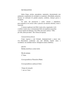 NO NEGATIVO
Indica brigas, prisões, pancadarias, separações, documentação sem
andamento, rompimento de sociedade ou casamento, dificuldades, prejuízos,
fracasso na realização de grandes projetos, acidentes, doenças graves e
decepções.
No amor, são possessivos e cruéis, imorais e impiedosos,
preo-cupando-se em exercer sobre o parceiro um domínio absoluto, tirano e
irracional.
0 homem regido por este Odú é muito sério, organizado e viril;
a mulher é muito sexy e extremamente fértil, tem aparência masculina
e possui espírito de liderança. Seus filhos são muito radicais. "Olho
por olho, dente por dente". São vítimas de injustiça.
Características físicas
Corpo vigoroso e mal formado, desproporcional e pouco atra-
tivo. Musculatura exuberante mas mal definida, feições duras e
reveladoras da crueldade interior. Inteligência astuta e diabólica.
Quizilas
Bebidas alcoólicas e comer miolo.
Dia da semana
5.
a
feira
Correspondência Planetária Marte
Correspondência zodioacal Aries
Tempo de atuação
1 ano ou 1 hora.
 
